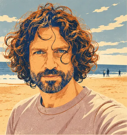 Illustrated portrait of Juan Guillen on a beach