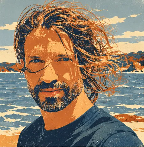 Illustrated portrait of Juan Guillen on a windy coast